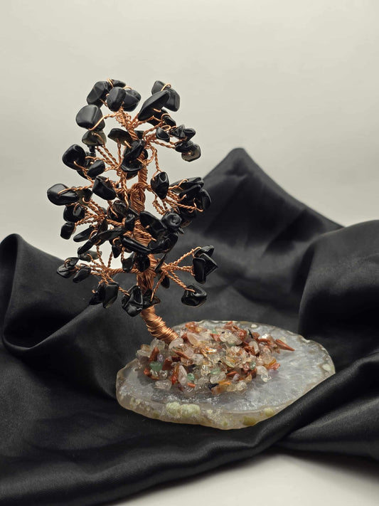 Arbre du Bonheur d'Obsidienne Noir Sur Socle D'Agate