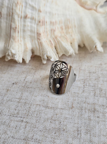Bague yin yang fleur de vie acier inoxydable
